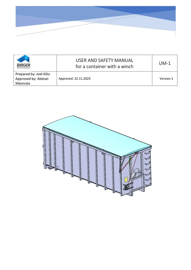 UM-1 - Originaalpealkiri: USER AND SAFETY MANUAL for a container with a winch