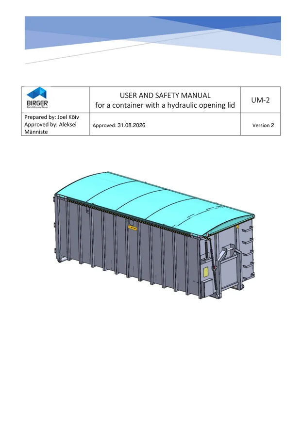 UM-2 - Originaalpealkiri: USER AND SAFETY MANUAL for a container with a hydraulic opening lid