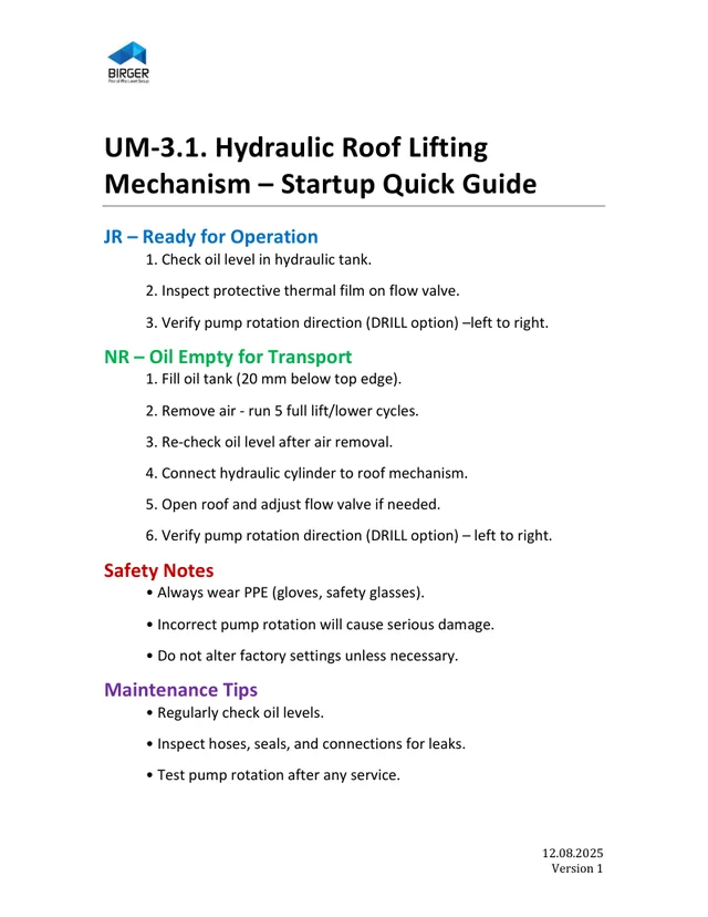 UM-3.1 - Originaalpealkiri: Hydraulic Roof Lifting Mechanism - Startup Quick Guide