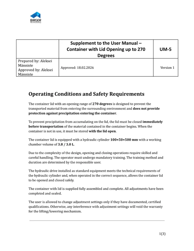 UM-5 - Originaalpealkiri: Supplement to the User Manual - Container with Lid Opening up to 270 Degrees