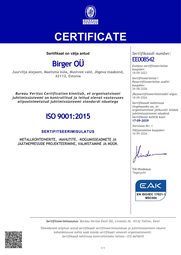 Vaata sertifikaati ISO 9001:2015 · EE008542